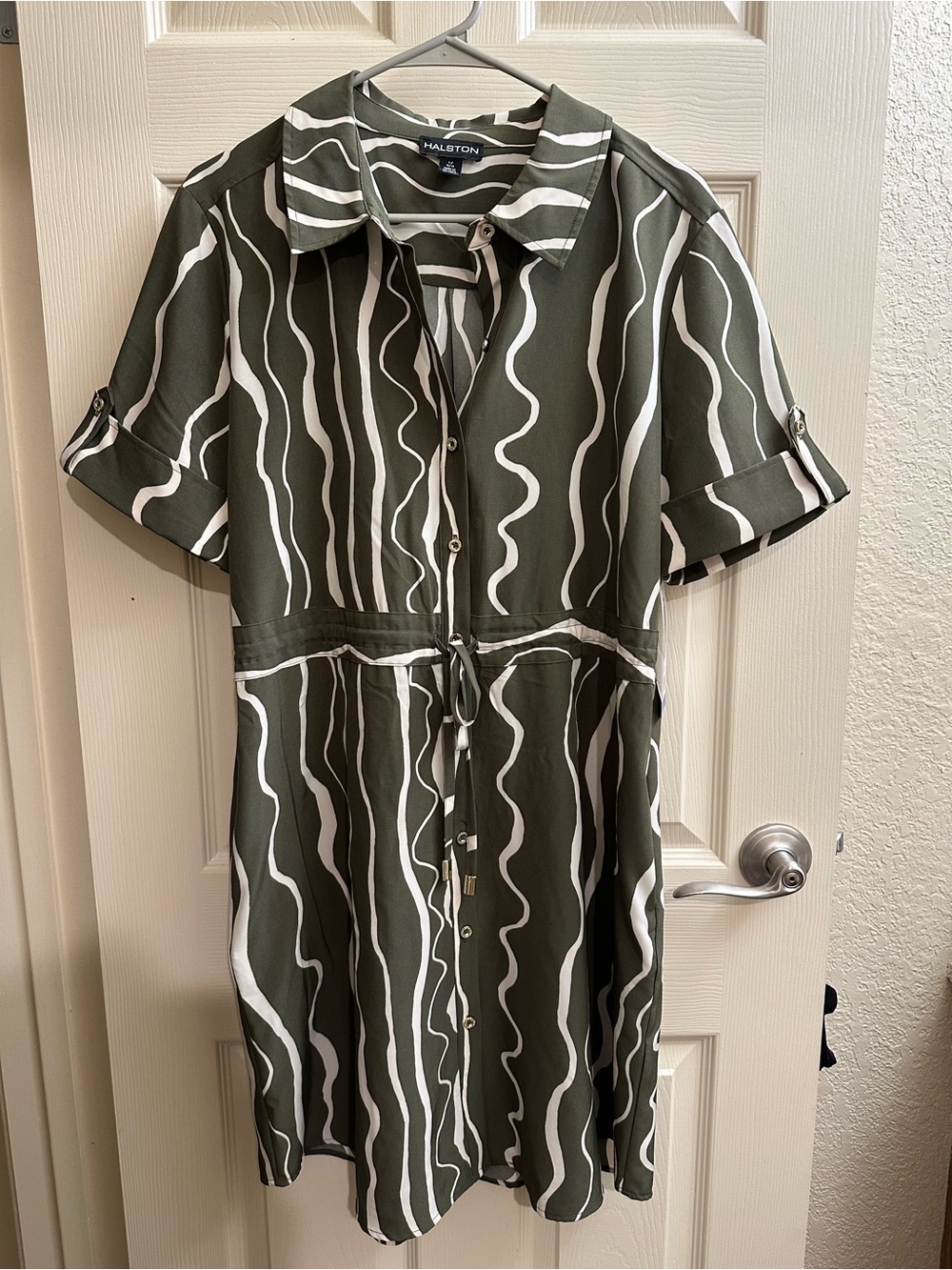 Halston Heritage Olive & White Abstract Stripe Midi Shirt Dress